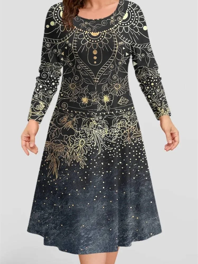 Women's Graphic Stitching Print Scoop Neck  Long Sleeve Midi Dress