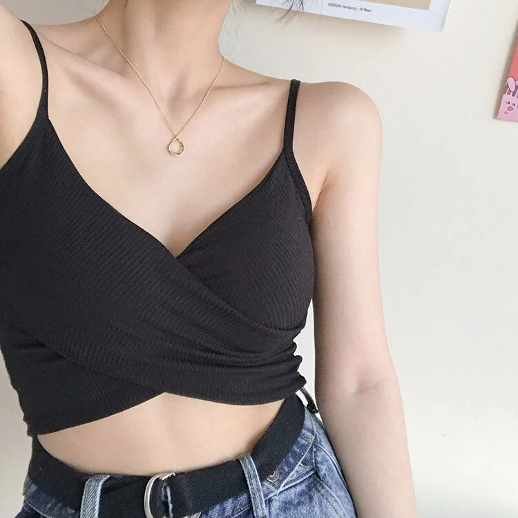Tank Top Wrap Deep V Neck Cut Out Screw Thread Halter Crop Tops Women Sleeveless Camisole Female Cropped Vest