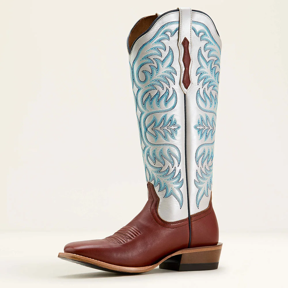 Brown & White Square Toe Embroidered Pull-On Western Boots for Women