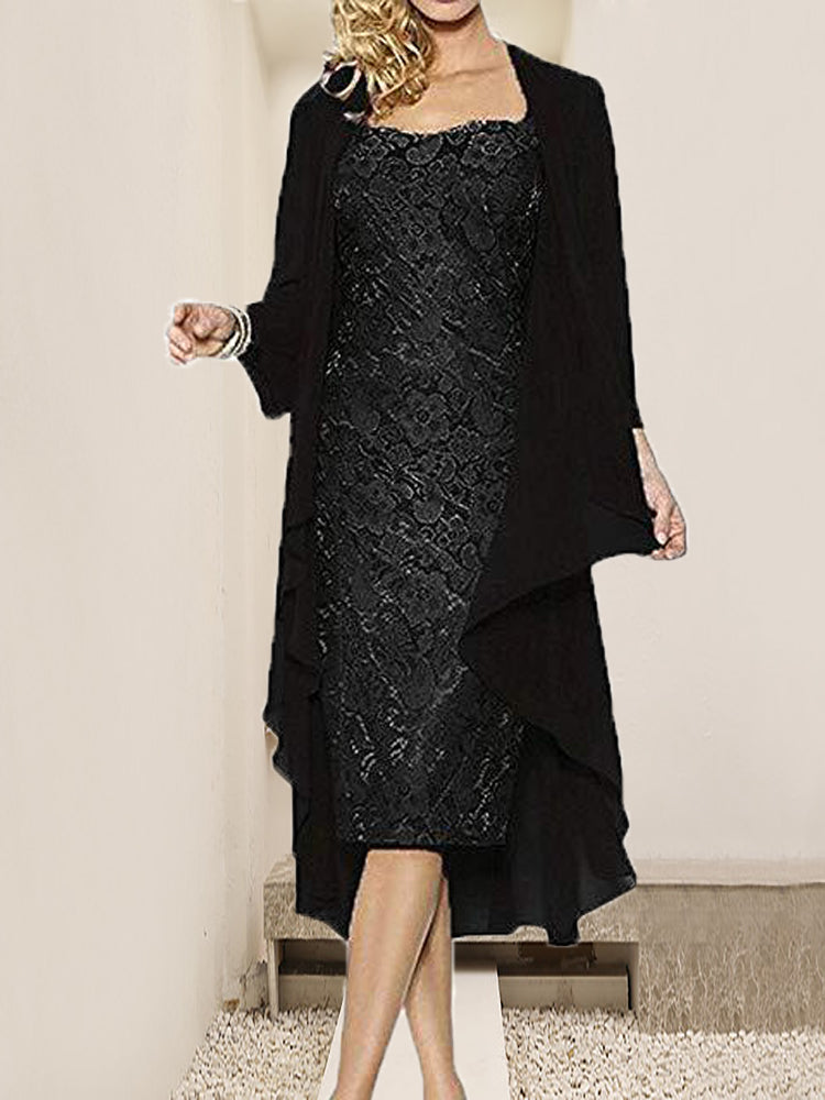 Women's 3/4 Sleeve Scoop Neck Lace Floral Printed Two-Piece Midi Dress