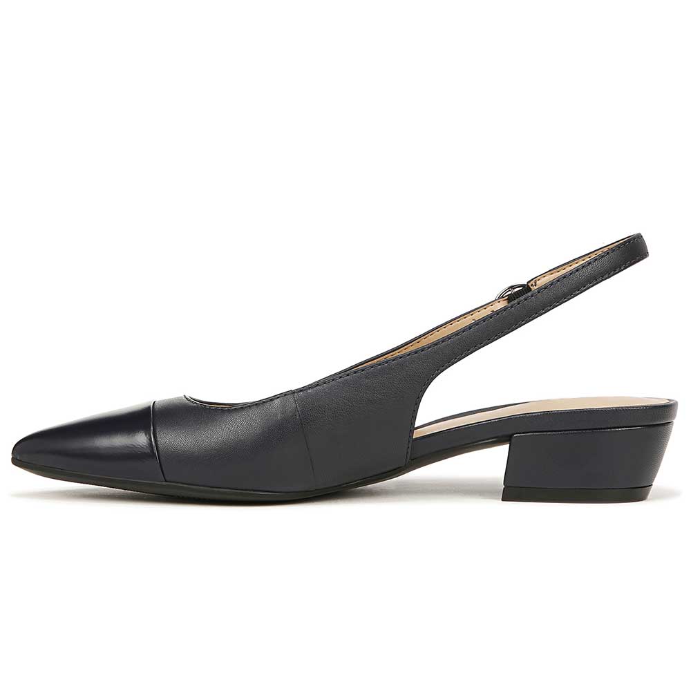 Navy Blue Vegan Leather Pointed Toe Chunky Heel Slingback Pumps Nicepairs