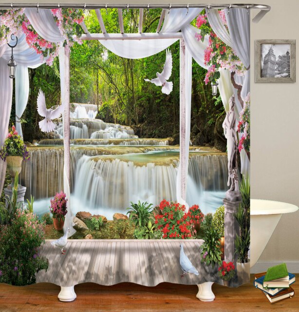 

Shower Curtain – Rural Garden Flowers Seaside Scenery-180*180cm, 501 Original
