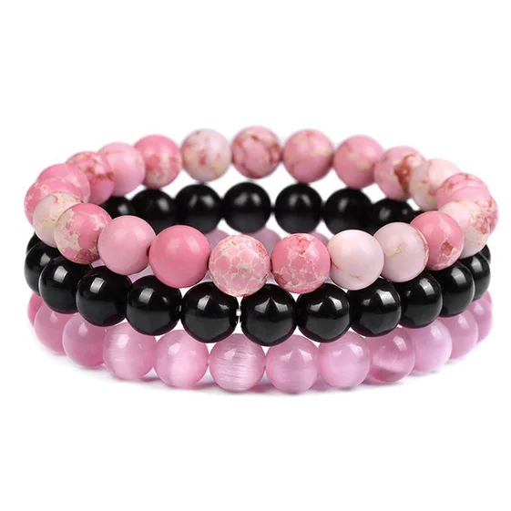Pink Imperial Jasper+Black Onyx+Pink Cat Eye Stone Bracelet