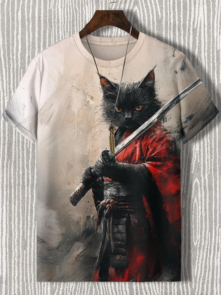Men's Black Cat Samurai Ink Art Print T-Shirt