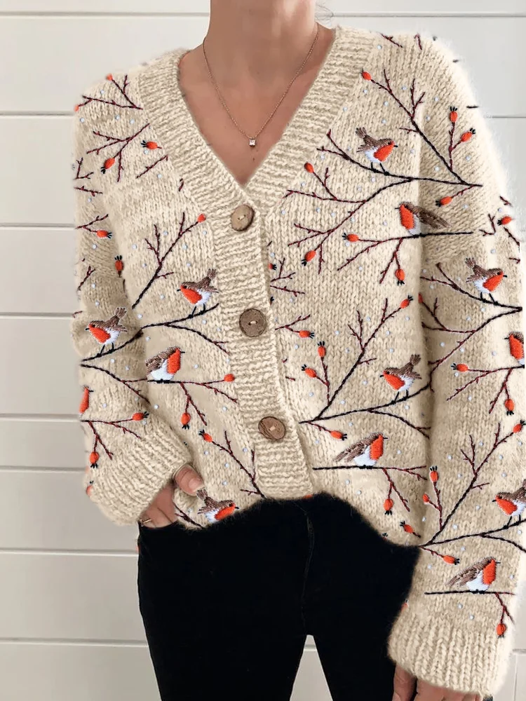 Winter Birds On Branches Embroidered Cozy Cardigan