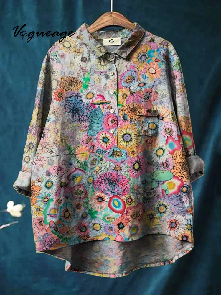 Gentle And Elegant And Versatile Daisy Printed Cotton And Linen Shirt