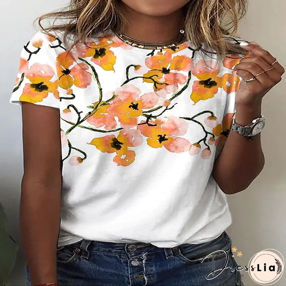 Summer New 3D Printing Ladies Casual Floral Theme Painting T-Shirt Printing Round Neck Soft Fashion Women's Clothing