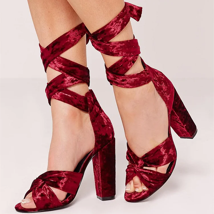 Burgundy Strappy Sandals Lace-up Velvet Classy Chunky Heels For Women |FSJ Shoes
