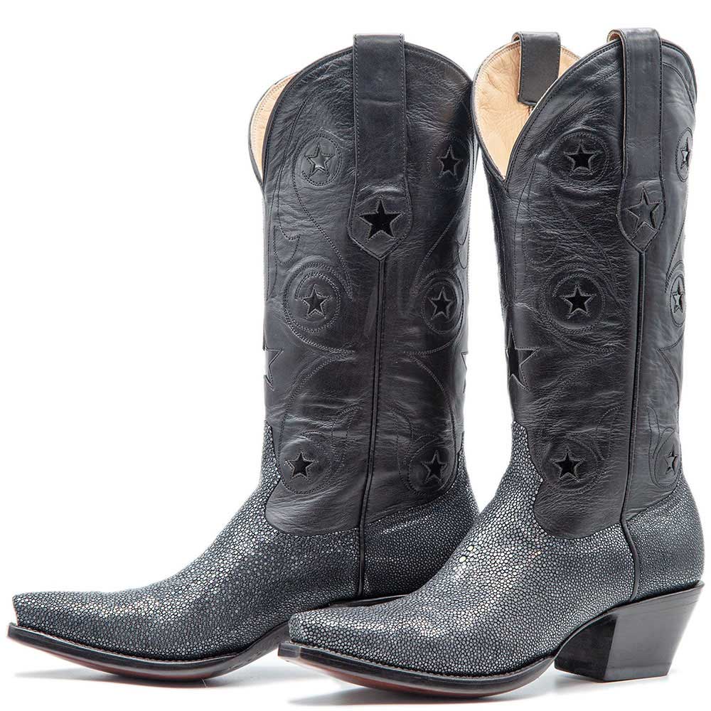 Black Snip Toe Stars Inlay Stitching Knee High Cowboy Boots for Women