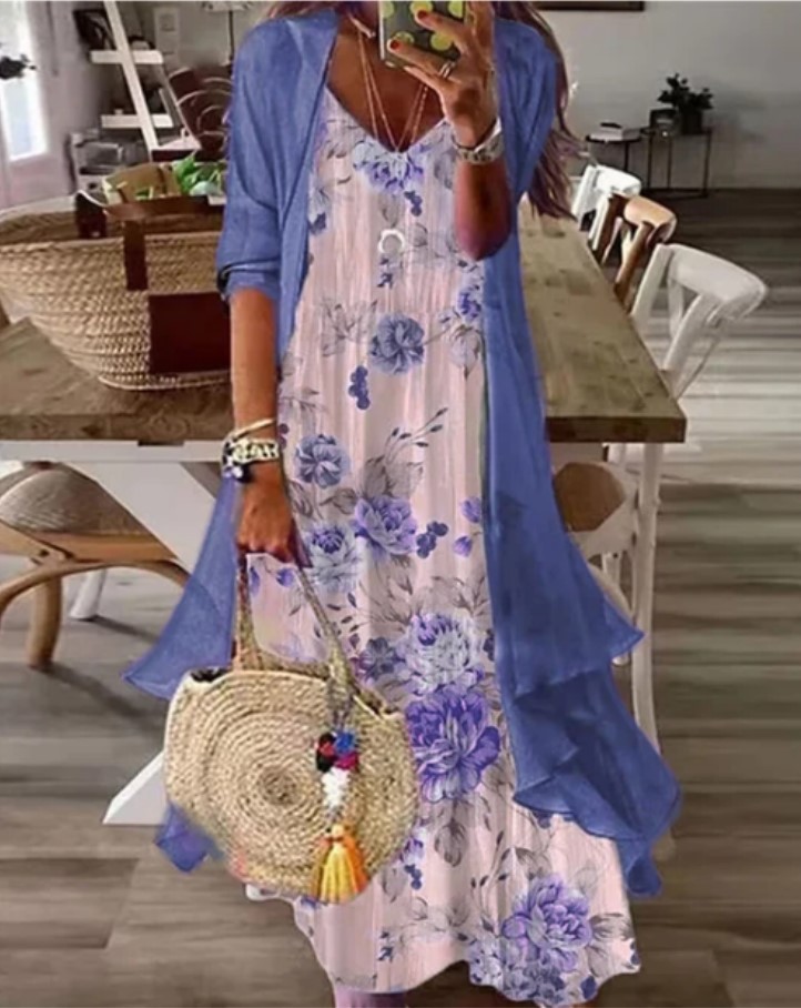 Summer Mature Women's Print Holiday Suspender Dress Two-piece Set