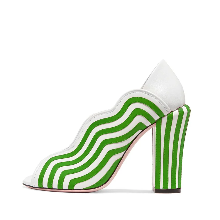 Women's Green and White Stripes Peep Toe Chunky Heels Shoes |FSJ Shoes