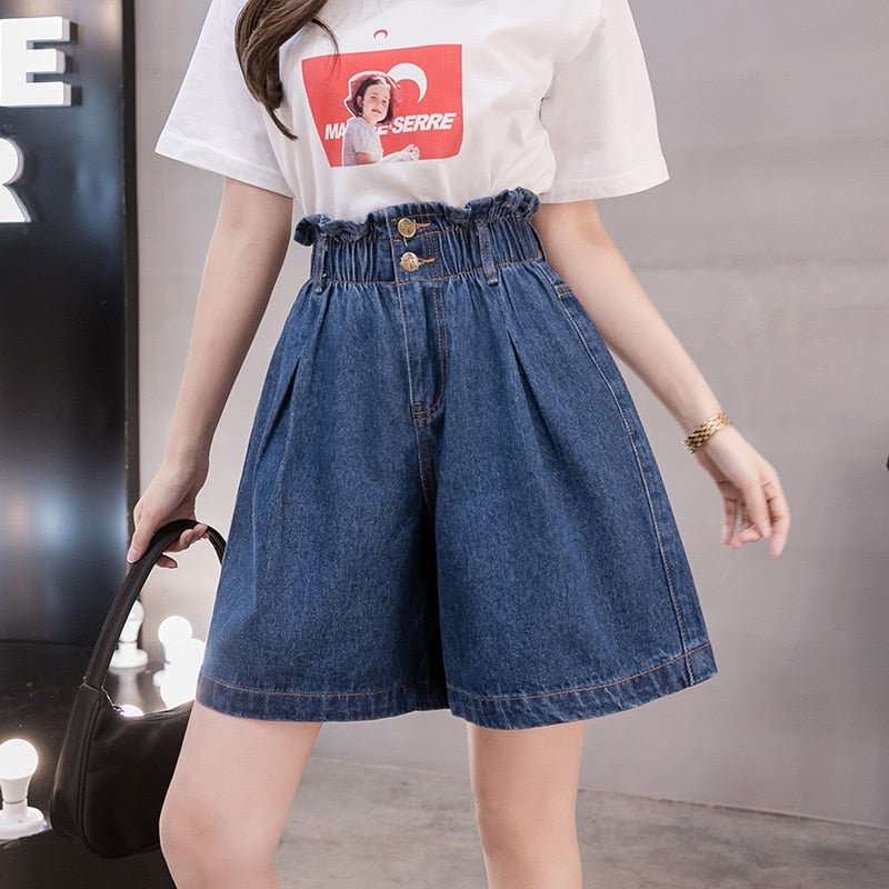 Zoki Plus Size Women Denim Shorts Elastic High Waist Loose Korean Short Jeans Fashion Casual Button Blue Wide Leg Shorts 5XL