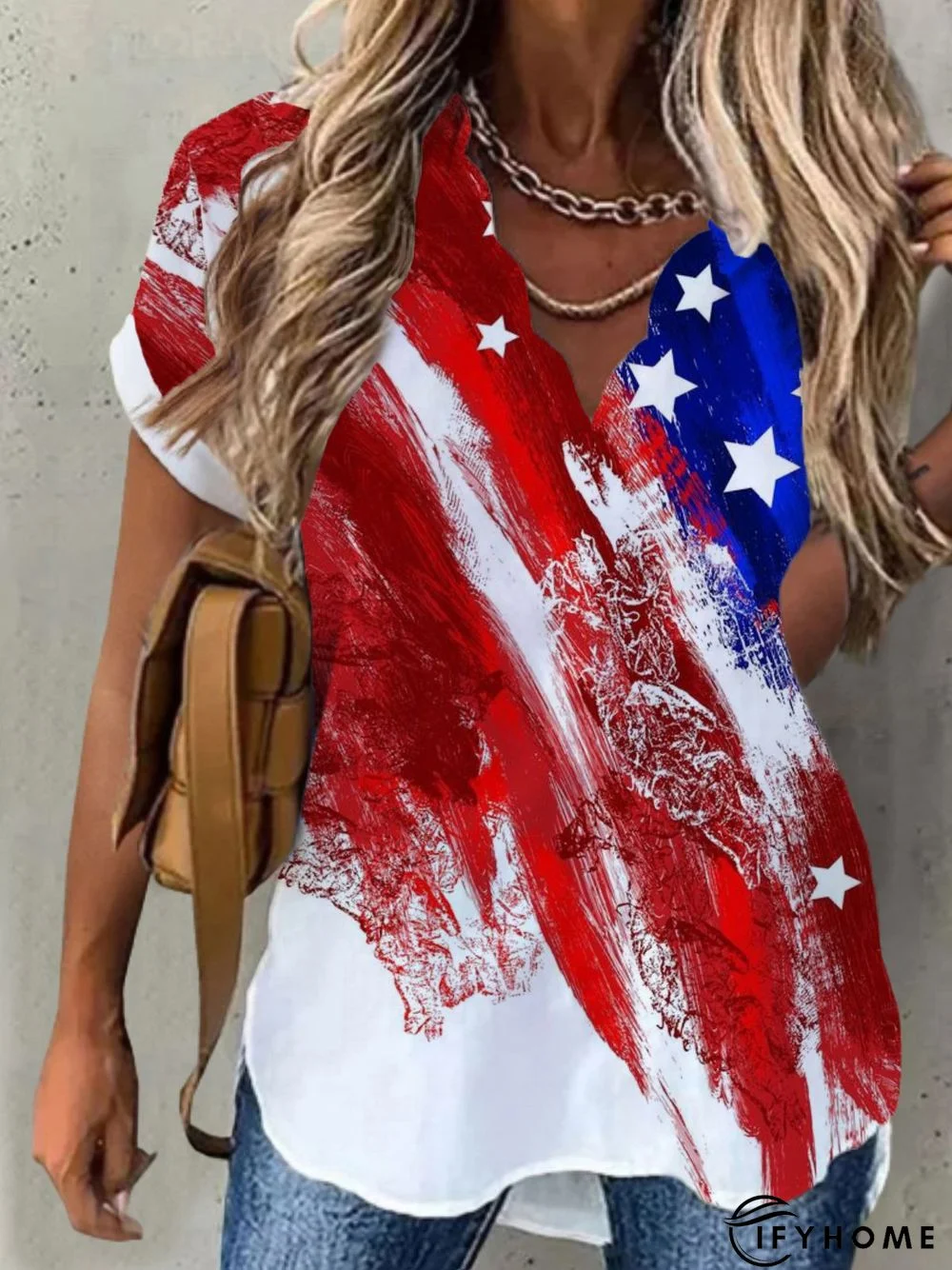 Casual American Flag Short Sleeve V Neck Printed Top | IFYHOME