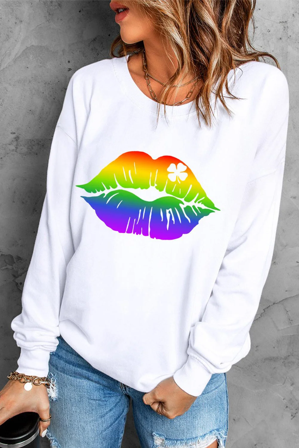 Rainbow Lips Round Neck Casual Pullover Sweatshirt