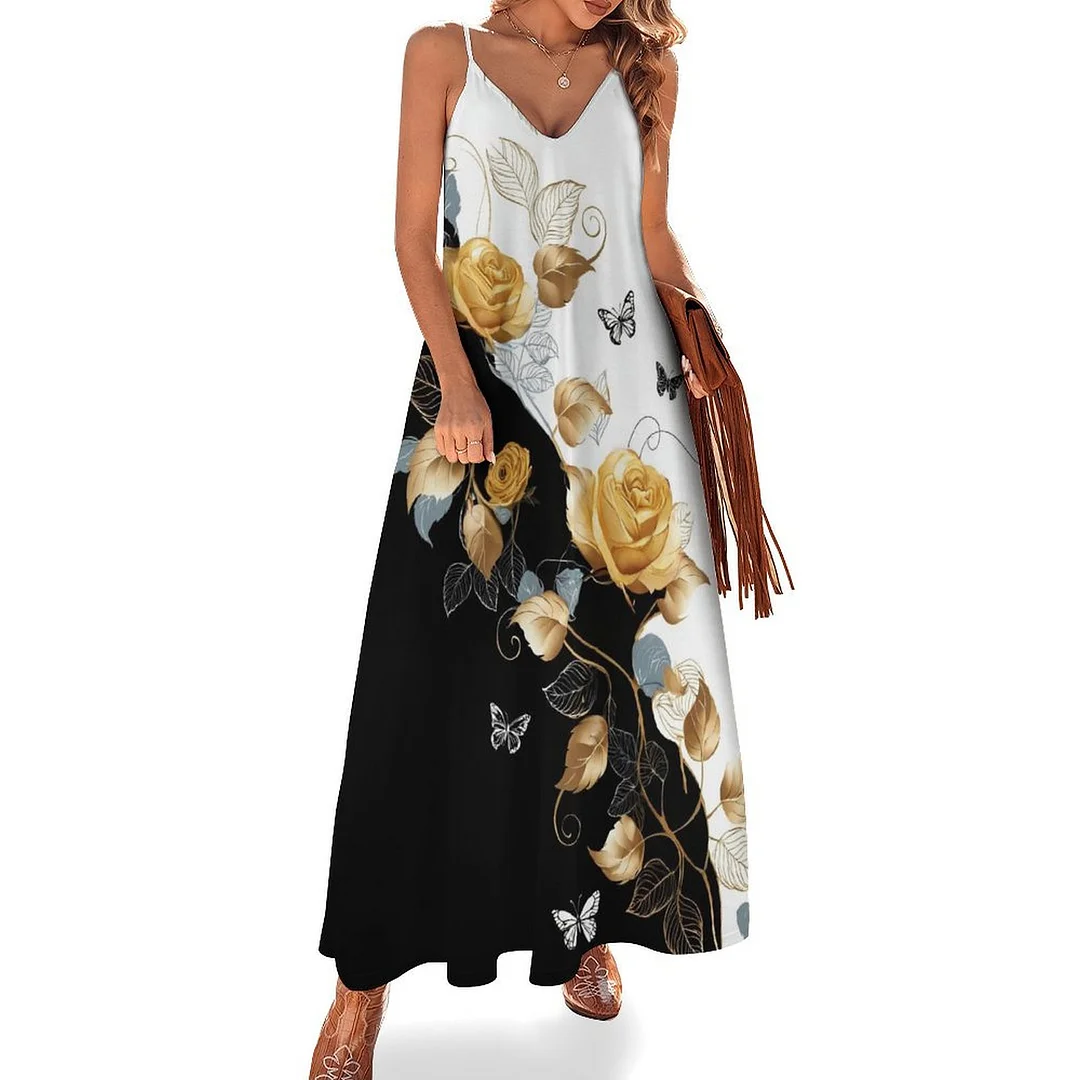 Style & Comfort for Mature Women Plus Size Printed Sling Casual Women Maxi Dress in Pattern Rose, Floral, Golden