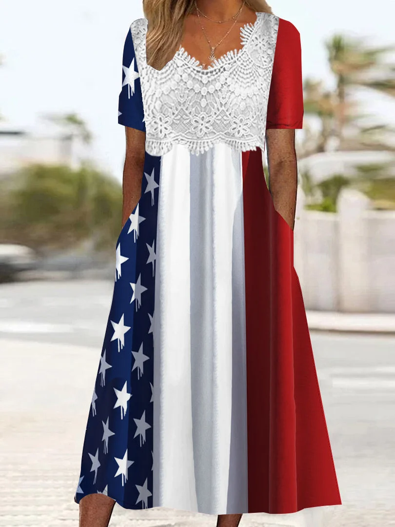 Women's Short Sleeve V-neck Independence Day Graphic Printed Lace Stitching Midi Dress