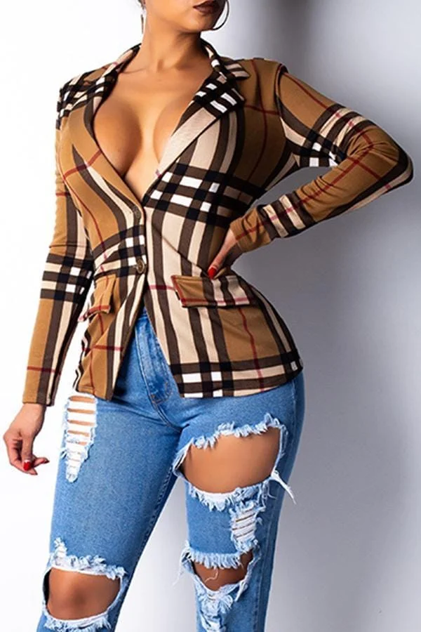 Fashion Casual Grids Printed Brown Knitting Coat