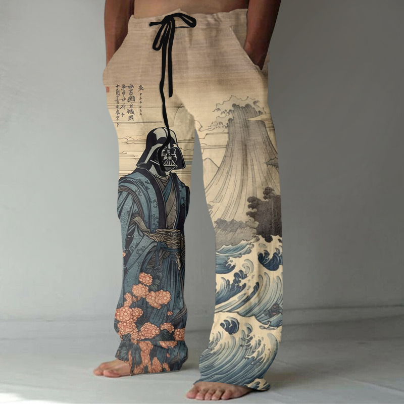 Japanese Ukiyoe Ink Art Print Casual Linen Blend Pants