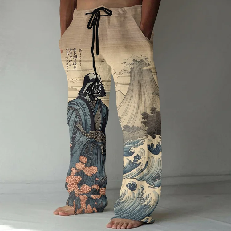 Japanese Ukiyoe Ink Art Print Casual Linen Blend Pants