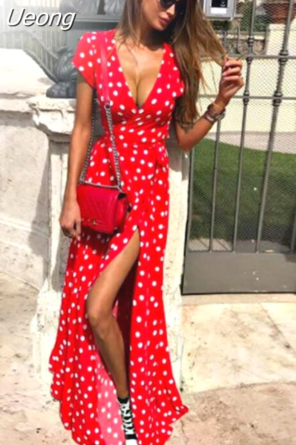 Ueong Boho Polka Dot Long Dresses Women Split Short Sleeve Summer Casual Dress 2023 Streetwear Black Maxi Dress Vestidos