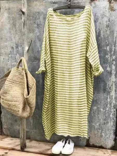 Striped long sleeve round neck simple loose dress
