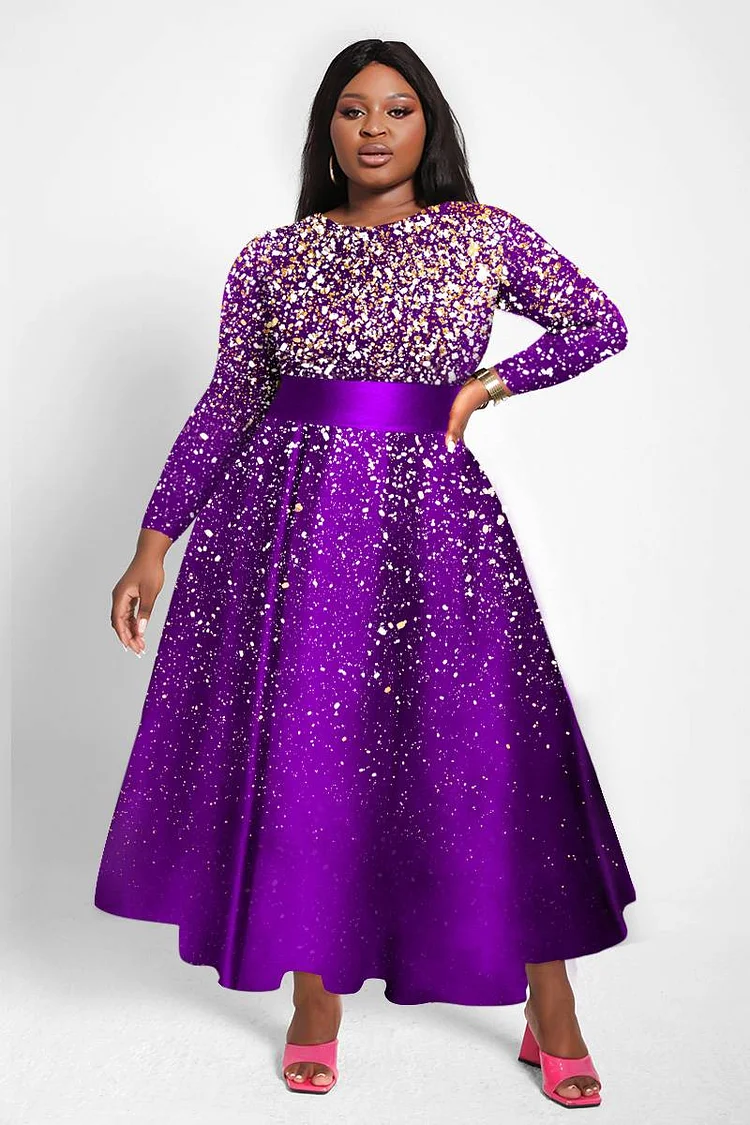 Xpluswear Design Plus Size Festival Dress Purple Glitter Print Long Sleeve Midi Dress 