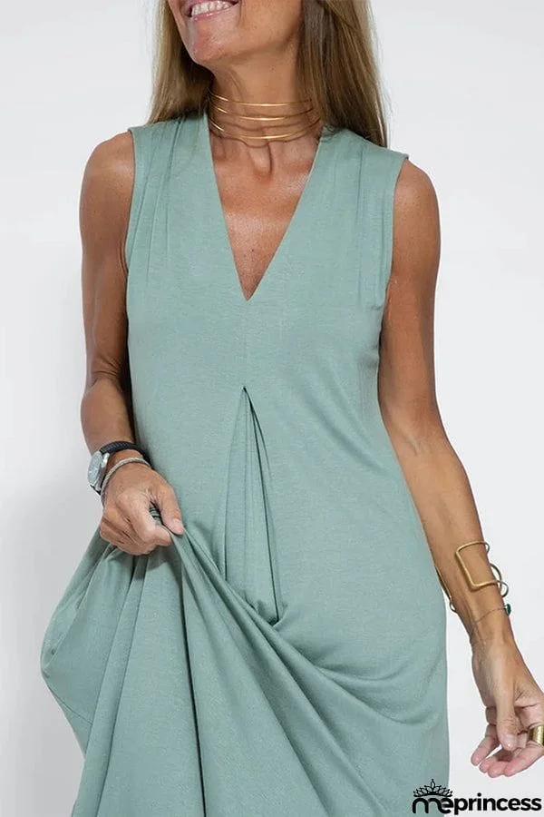 Women Casual Solid Color Sleeveless Maxi Dress