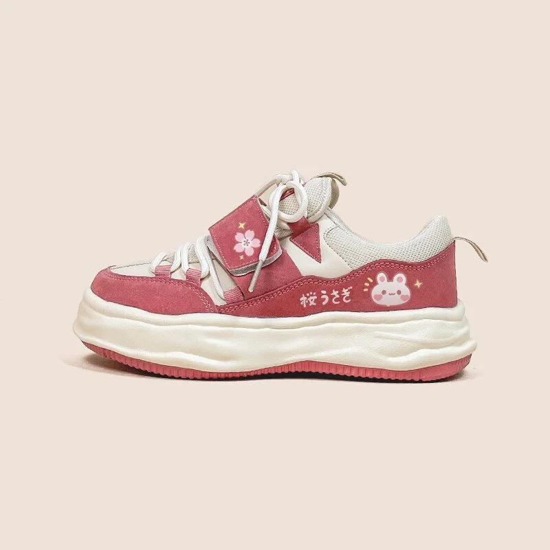 Sakura Pink Bunny Canvas Shoes with Velcro Strap - Women's
