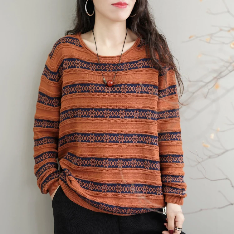 Women Autumn Casual Stripe Knitted Elastic Sweater