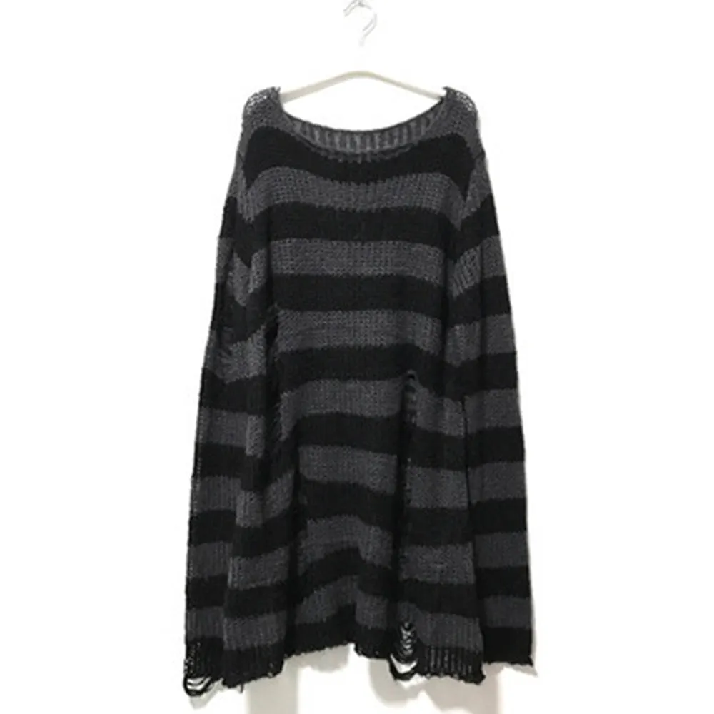 Halloween 200 Gothic Knitted Sweater Women Long Pullovers Striped Loose Winter Ripped Plus Size Sweaters Jumpers Mujer Jersey 924