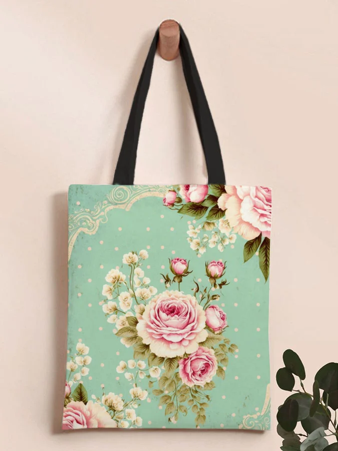 Retro Rose Print Shoulder Canvas Bag