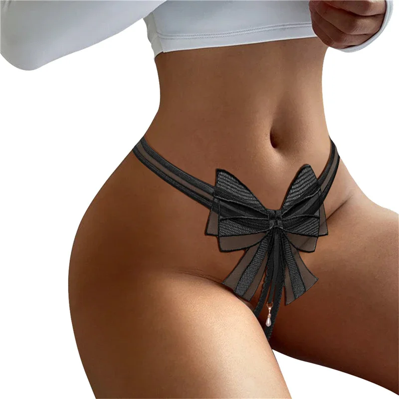 Billionm Bow Hanging beads G-String Women T Panties Beautiful Sexy Mini Buttocks Low Rise Thong Briefs Lingeries 2022