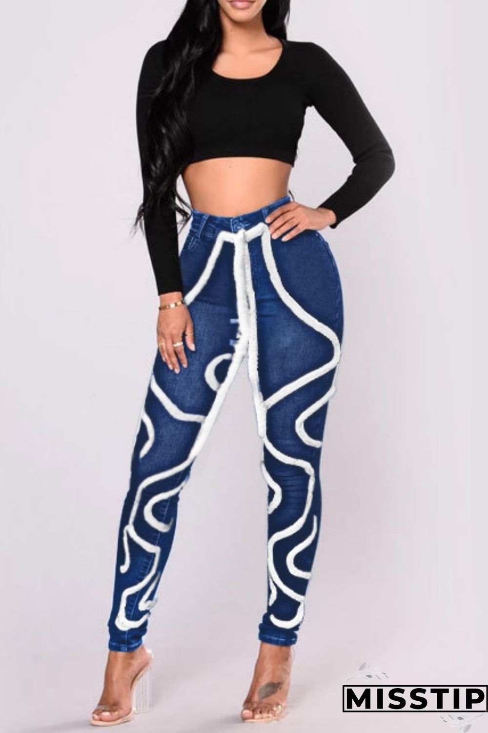 Light Blue Casual Solid Patchwork Mid Waist Regular Denim Jeans