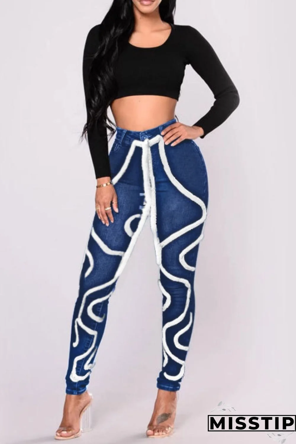 Light Blue Casual Solid Patchwork Mid Waist Regular Denim Jeans