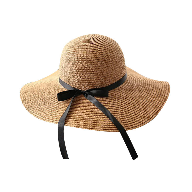 Vacation Khaki Bow Large Eaves Straw Hat 2024 - Flycurvy 