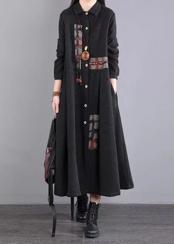 Black Pockets Patchwork Warm Fleece Dresses Peter Pan Collar Button Winter