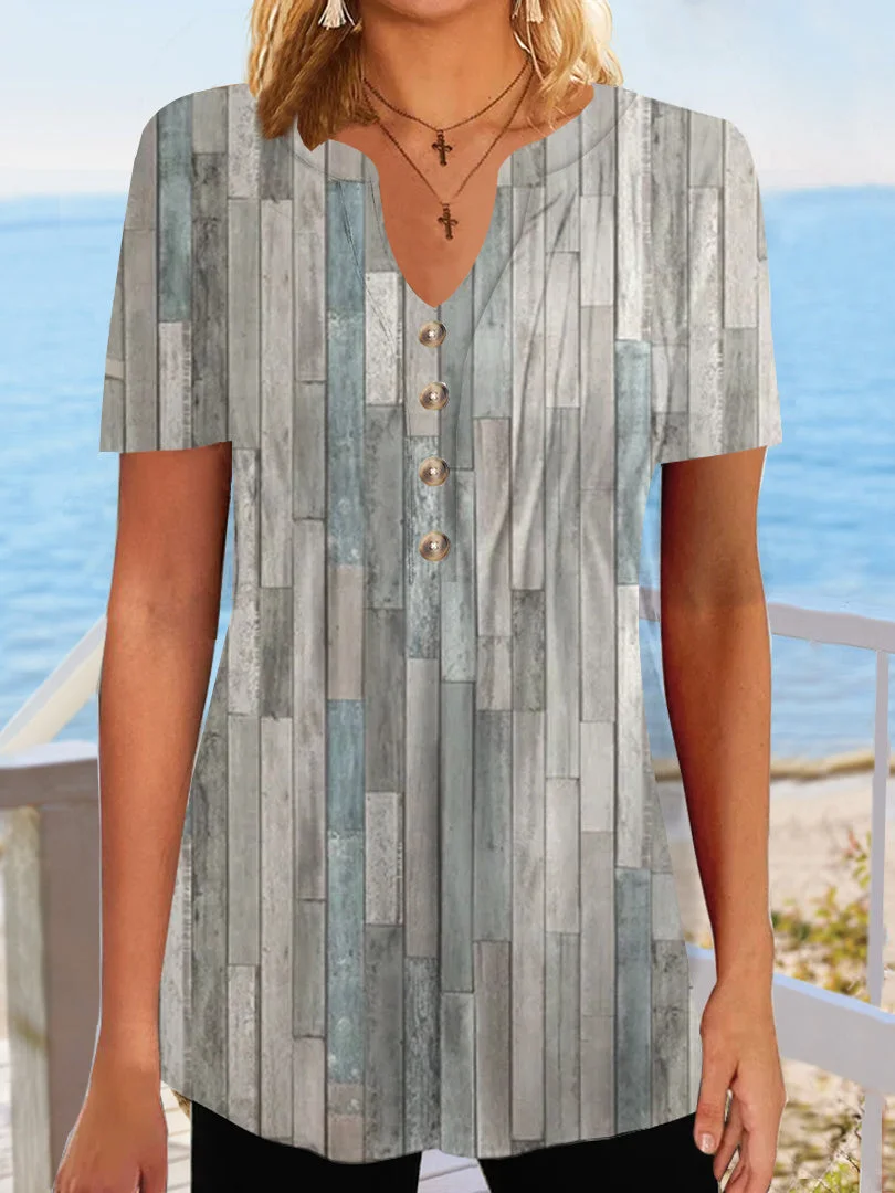 Women Short Sleeve V-neck Striped Printed Buttons Tops