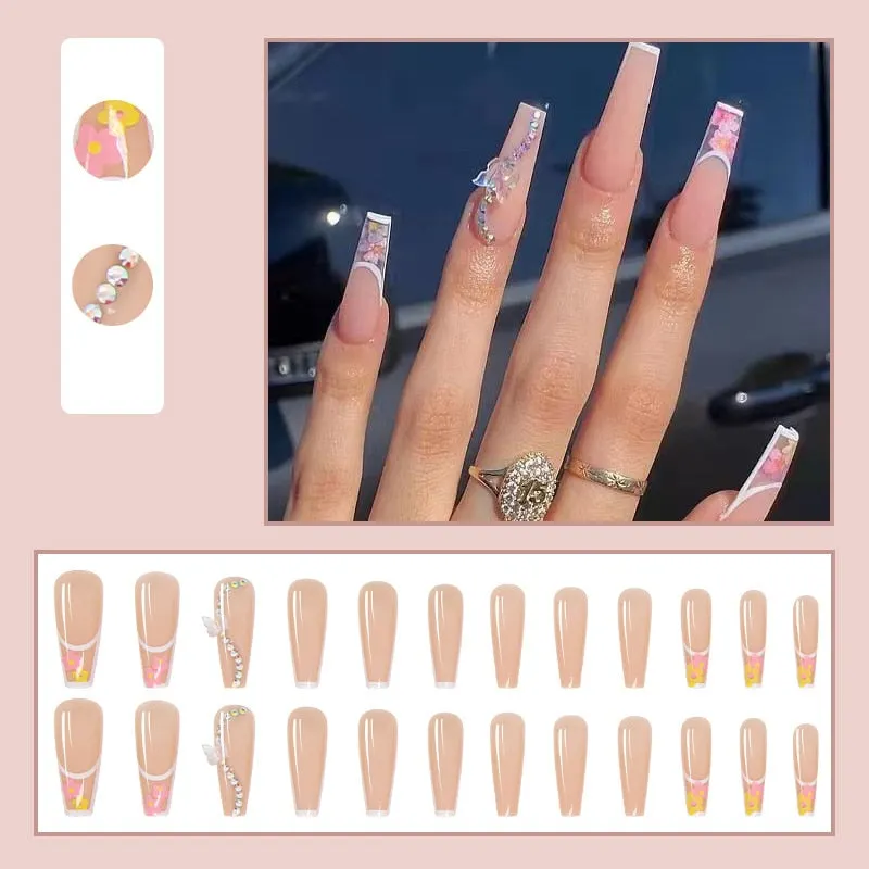 24pcs Butterfly decorated false nails Removable Long Paragraph Fashion Manicure press on nail tips full cover acrylic for girls-Nail Inspo