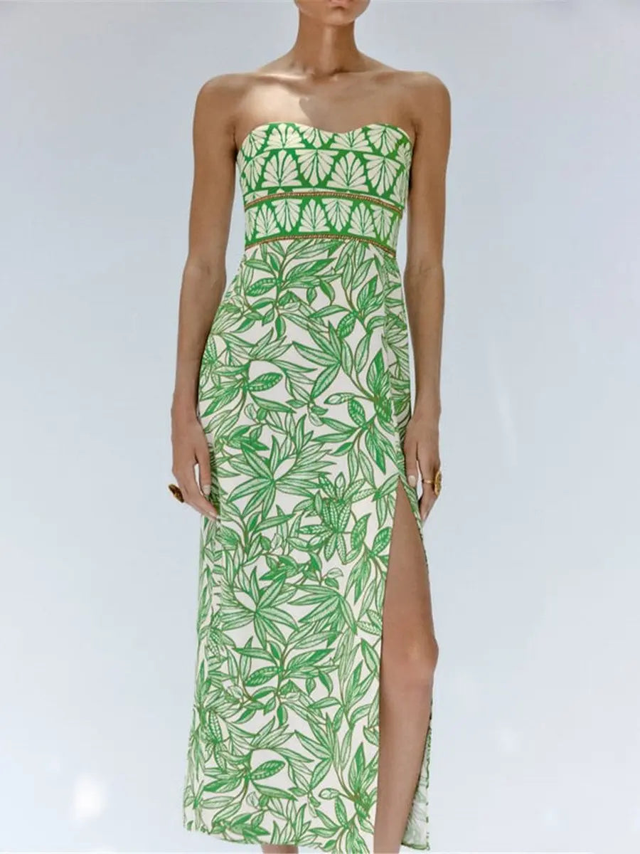Tube Top Botanical Print Split Hem Midi Dress