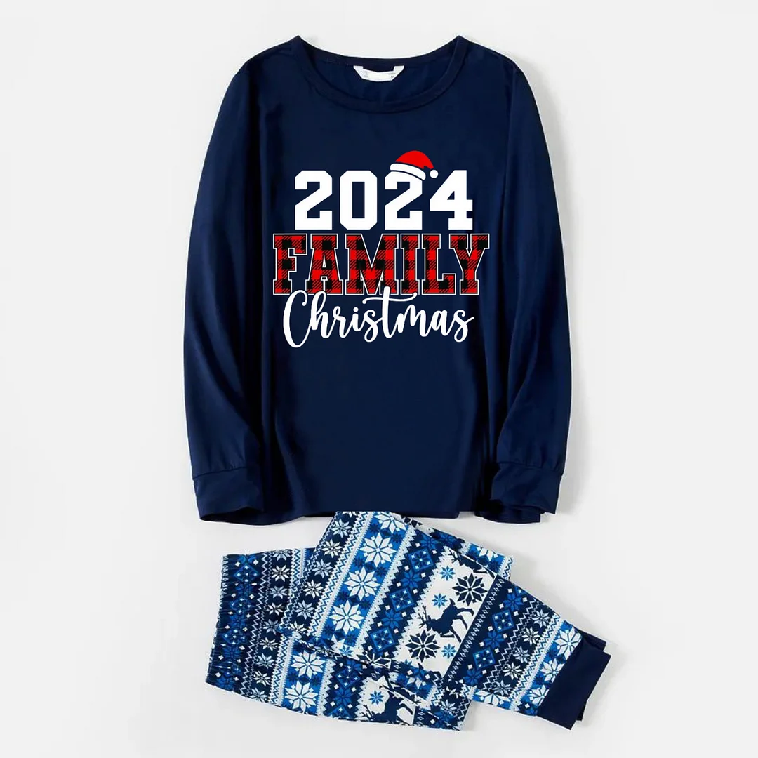 2024 Family Christmas Text Print Blue Family Christmas Matching Pajamas