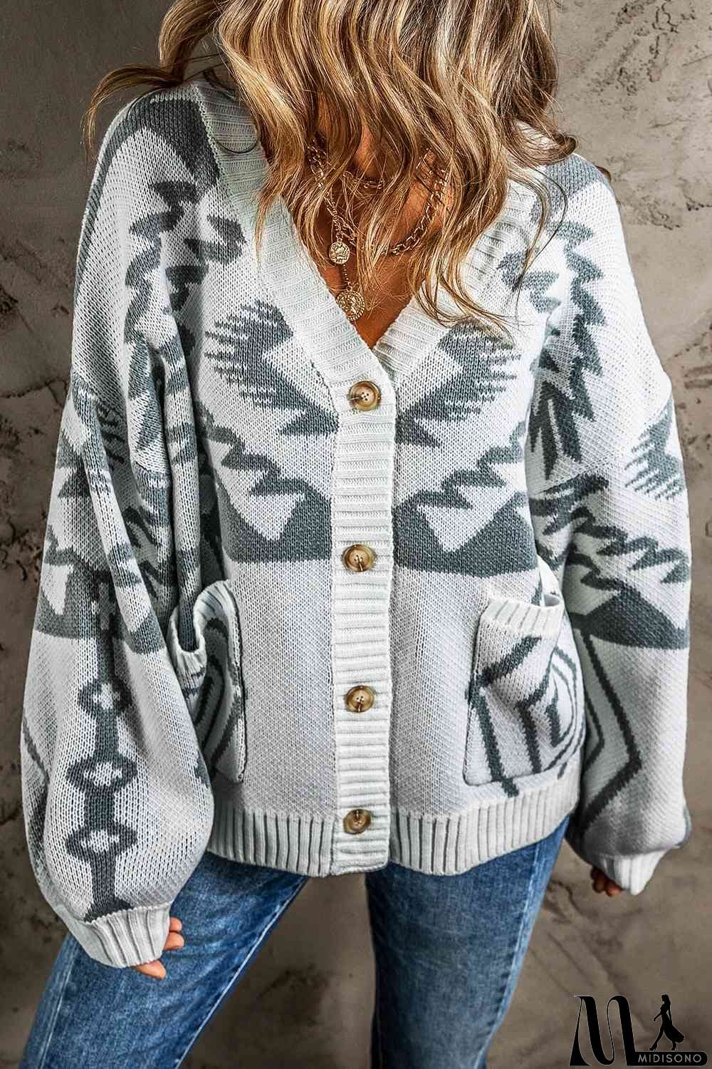 MidiSono - Printed Button Up V-Neck Long Sleeve Cardigan