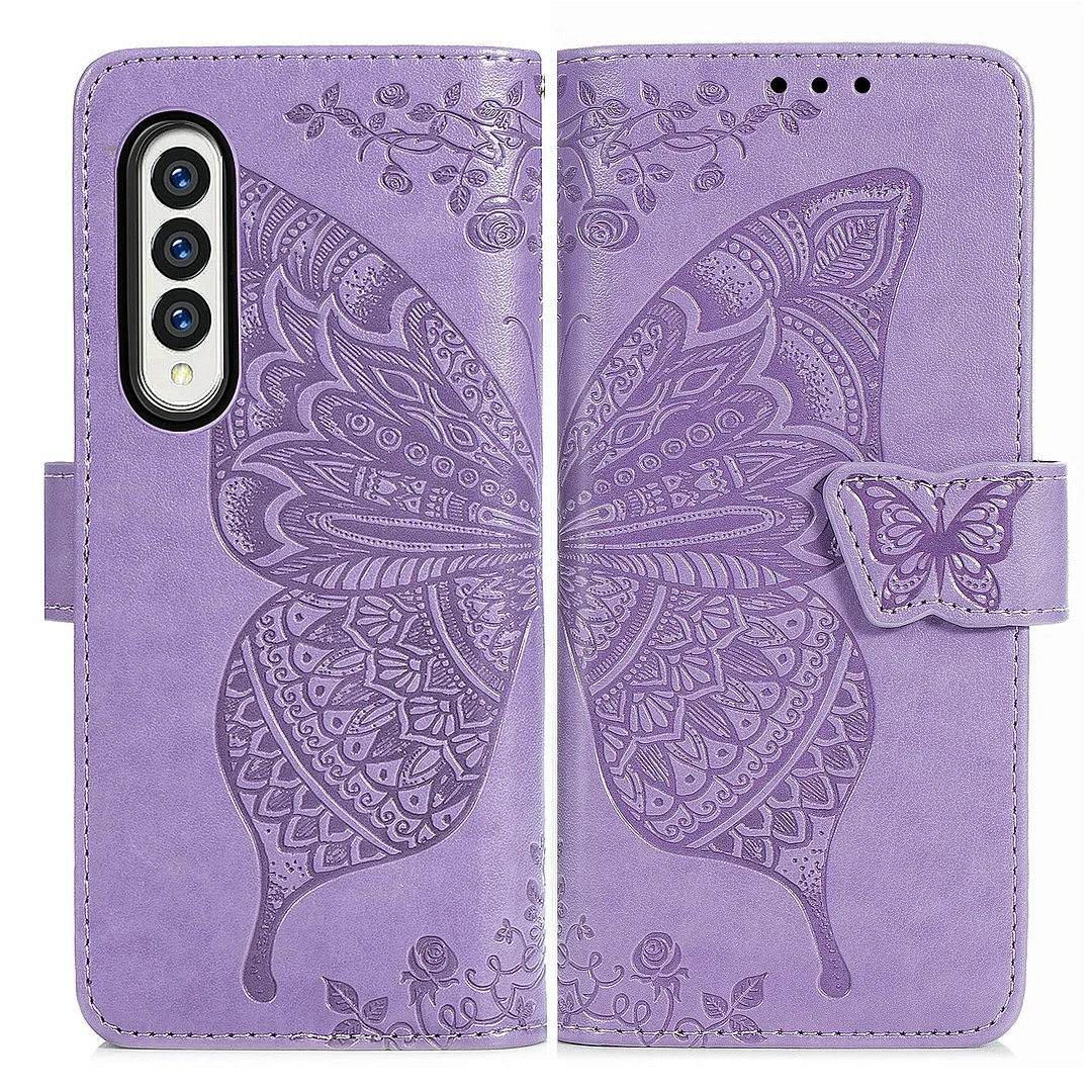 Butterfly Embossing Leather Phone Case With Phone Stand,Cards Slot And Lanyard For Galaxy Z Fold3/Fold4