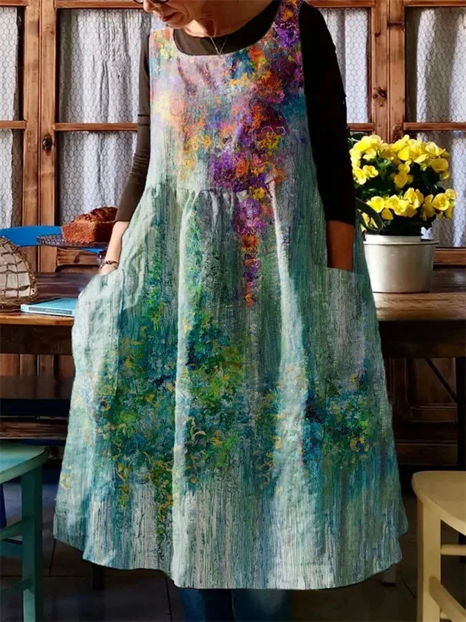 Women Retro Relaxed Floral Pocket Print Dress