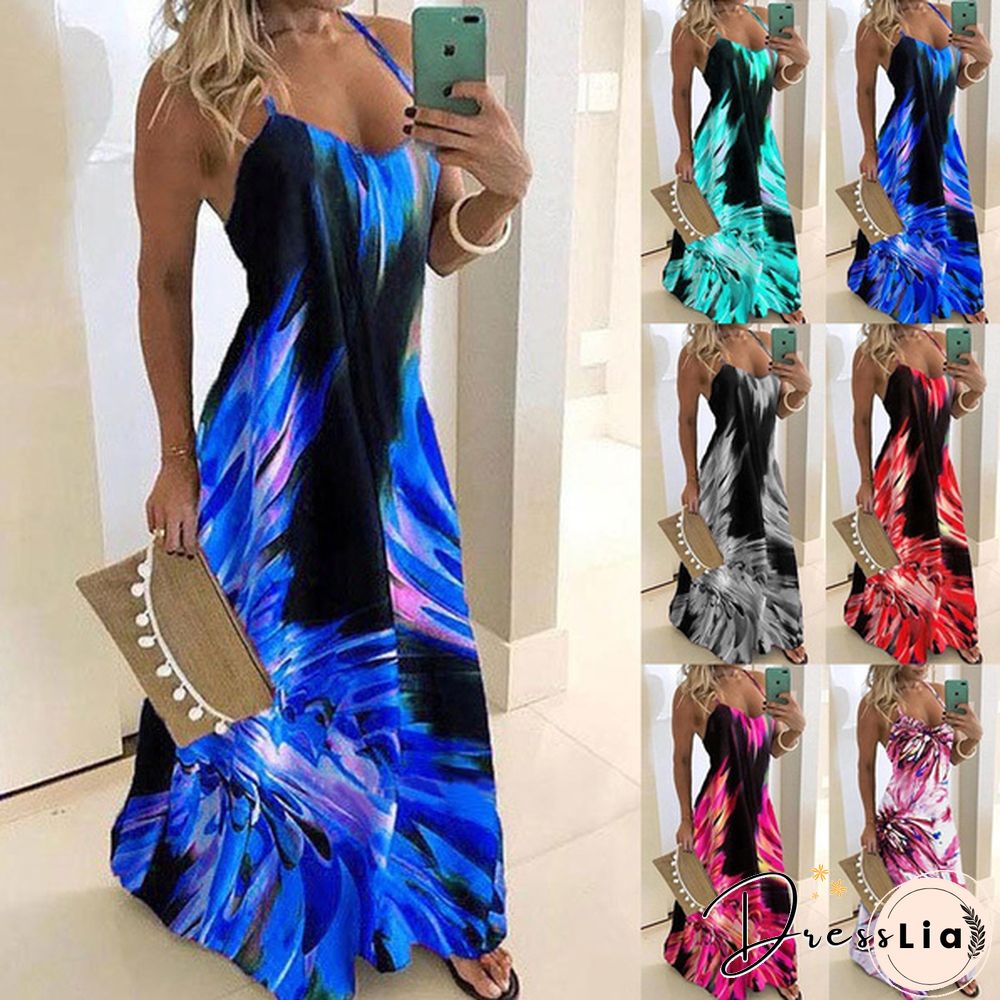 Plus Size Fashion Clothes Summer Dresses Women's Casual Sleeveless Halter Party Dress Ladies Deep V-neck Floral Printed Beach Wear Maxi Dress