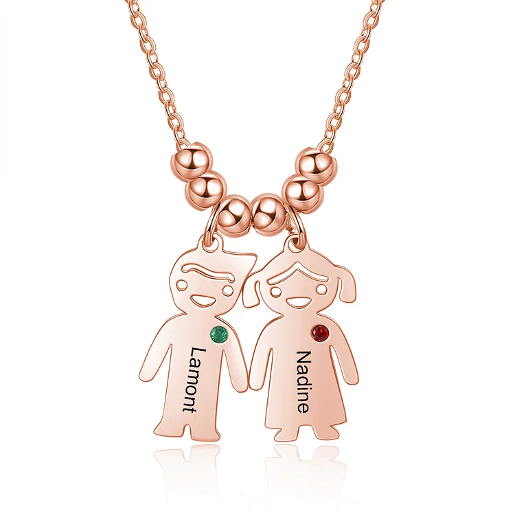 Mother Necklace with 2 Kids Charms Engraved 2 Names Personalized 2 Birthstones