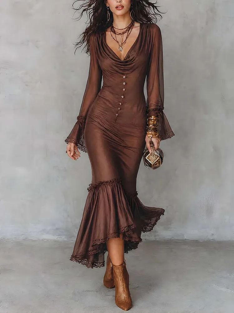 Vintage Cowl Neck Lace-trimmed Fishtail Hem Midi Dress