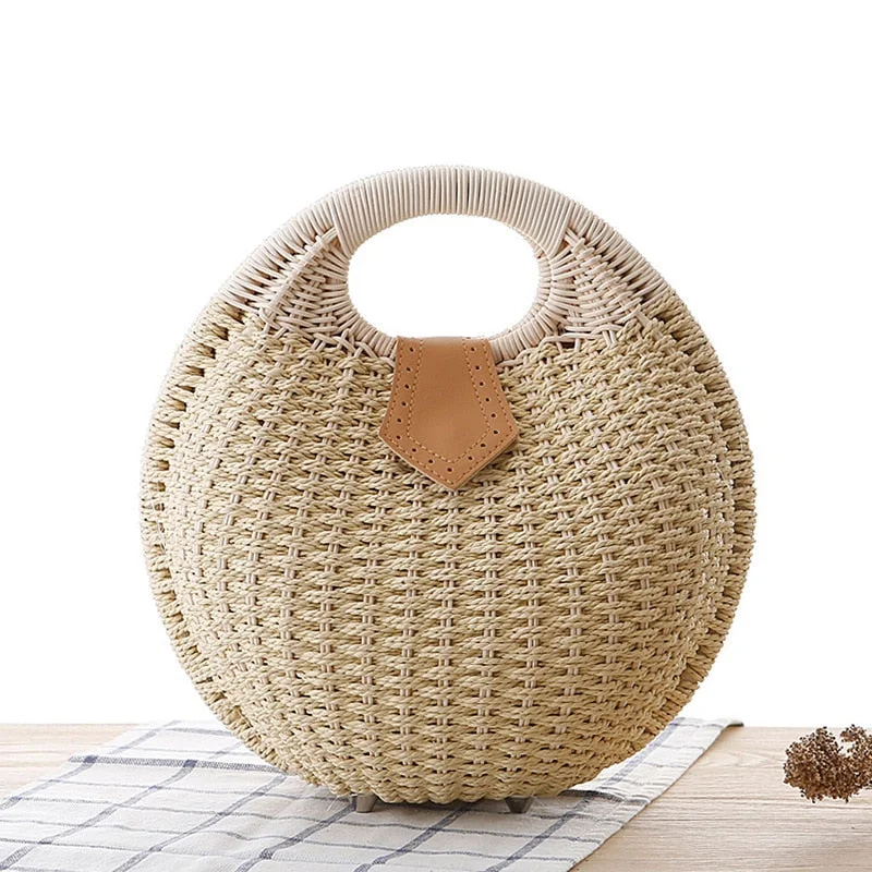 Fashion Shell Round Wicker Woven Women Handbags Designer Rattan Lady Shoulder Crossbody Bags Casual Summer Beach Straw Bag Purse