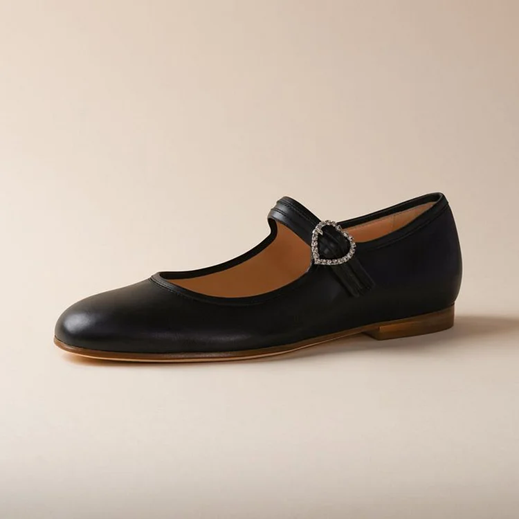Women'S Black Flat Patent Shoes Classic Round Toe Pump Rhinestones Buckle Flats |FSJ Shoes