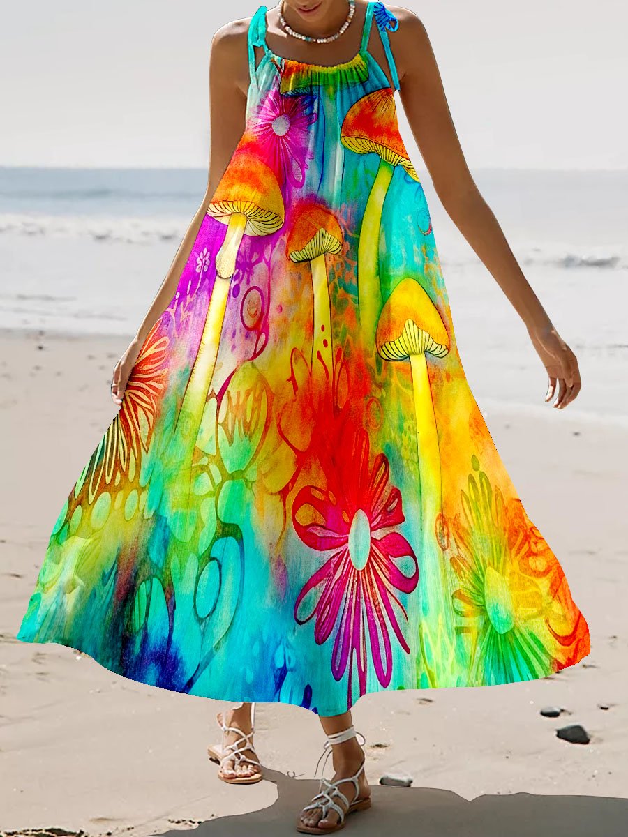 Women's Hippie Psychedelic Art Print Flowing Slip Dress