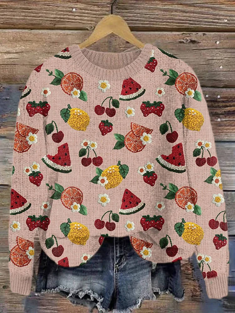 VChics Fruit Pattern Embroidery Art Cozy Knit Sweater
